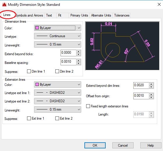 AutoCAD Dimension Style - Lines tab