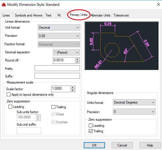 AutoCAD Dimension Style - Primary Units tab
